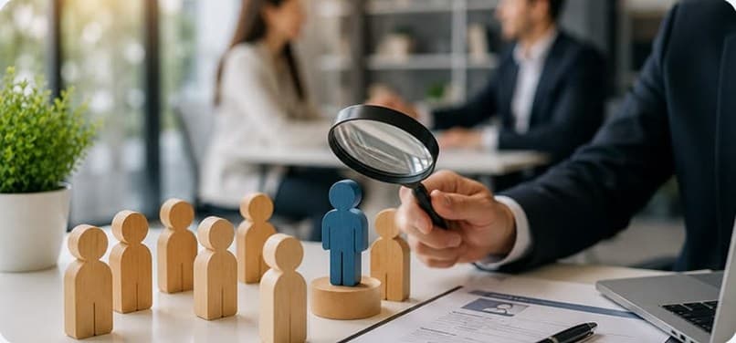 Magnifying glass held over wooden figures, one highlighted in blue