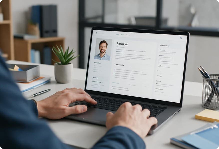 Person typing on a laptop showing a recruiter profile