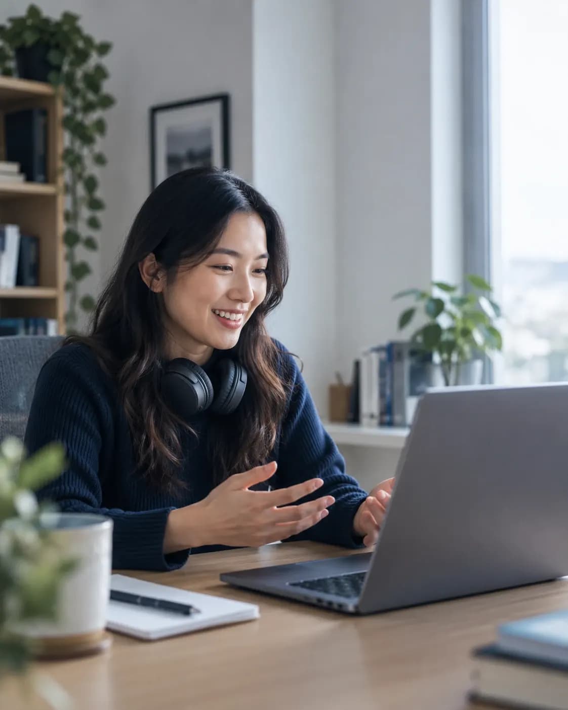 Smiling consultant talking with a vendor on a video call from a home office