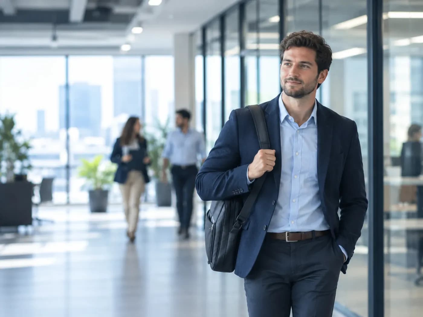 Consultant with a laptop bag walking through a modern office