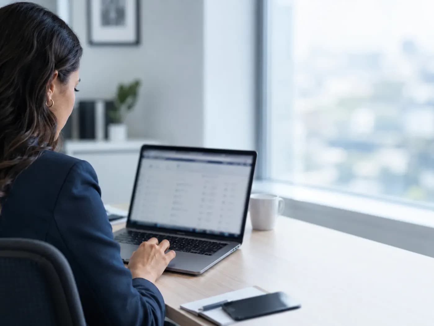 Recruiter reviewing candidate profiles on a laptop at an office desk